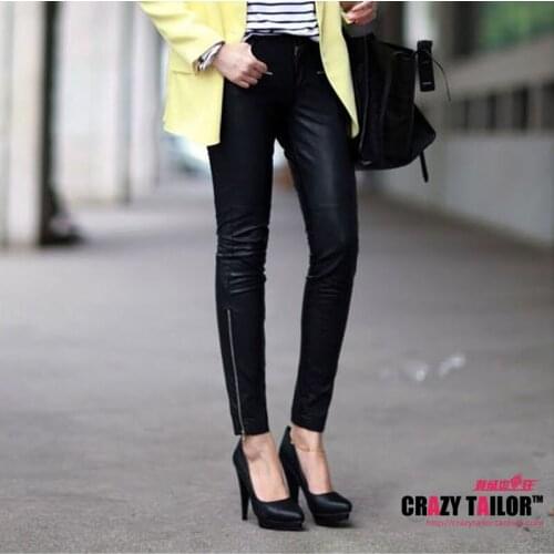 Womens Fashion New High Quality Imitation Sheepskin Pencil Pants Zipper Motorcycle Paragraph Slim Skinny Leather Pants / S-xl