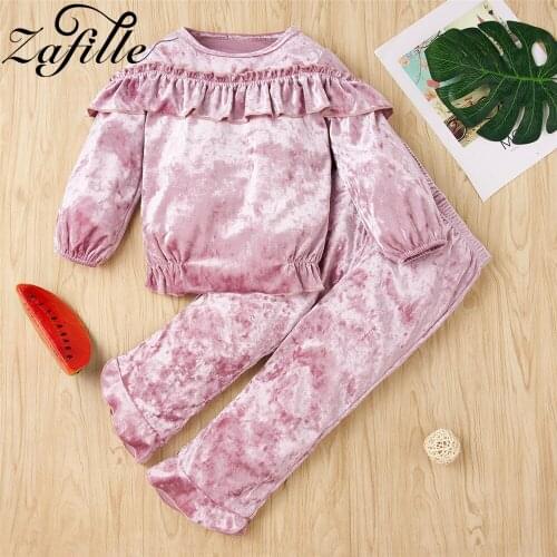 ZAFILLE Kids Clothes Girls Sets Pink Velvet Warm Ruffle Top and Pants 2pcs Suit Winter Chidlrens Clothing Girl Outfits