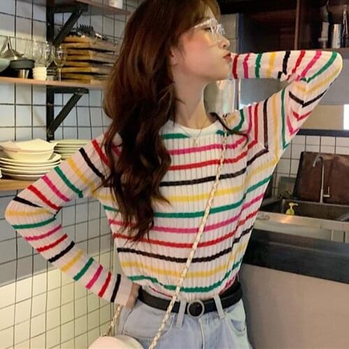 Korean Style Women T-shirt Rainbow Striped Autumn Knitted Tee Harajuku Long Sleeve Kawaii Ladies Tee Tops