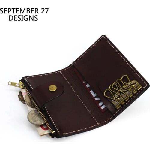 New Fashion Key Wallets Men Genuine Leather Handmade Vintage Zipper Coin Purses Key Case Retro Housekeeper Organizer Bag Women