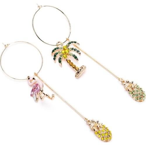 Summer Women Drop Earrings Tree Flamingos Pineapple Asymmetric Earrings Femme Gold Color with Full Crystal Stone Beach Jewelry