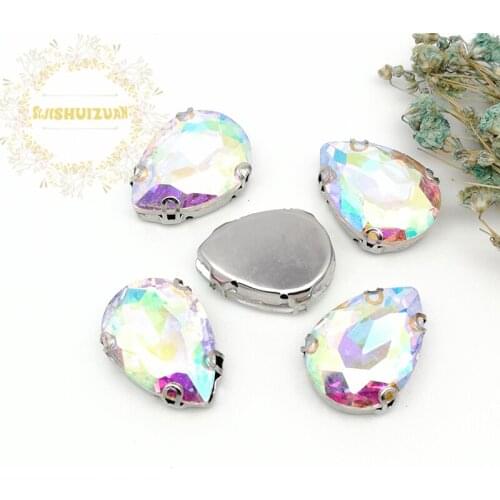 Best-selling! Crystal AB Water drop shape Glass Crystal sew on rhinestones with D-SHAPE claw Diy Wedding dress and Shoe