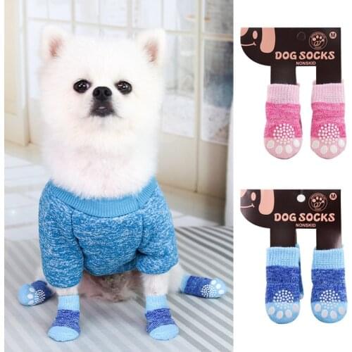 4Pcs/set Knitted Pet Dog Socks Autumn Winter Anti-Slip Small Dogs Shoes Thick Warm Paw Protector Cute Puppy Cat Indoor Wear Boot
