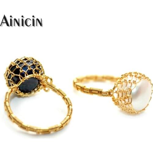 Handmade Manual Customization Black & White Natural Freshwater Pearl Gold Plating Wire Wedding Ring for Women Party Jewelry
