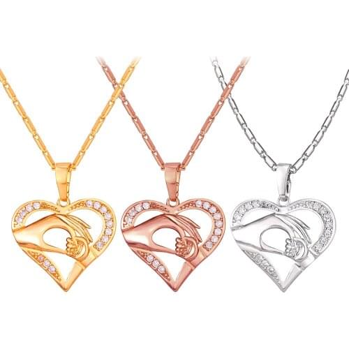 Collare Mother And Child Hands Pendant Mom Hold Babys Hand Gold/Silver Color Crystal Heart Necklace Women Mothers Gift P808