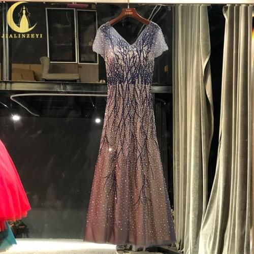 Rhine Real picture Navy Blue Short Long V Neck Embroidery A-line vestido de fiesta de boda evening dresses