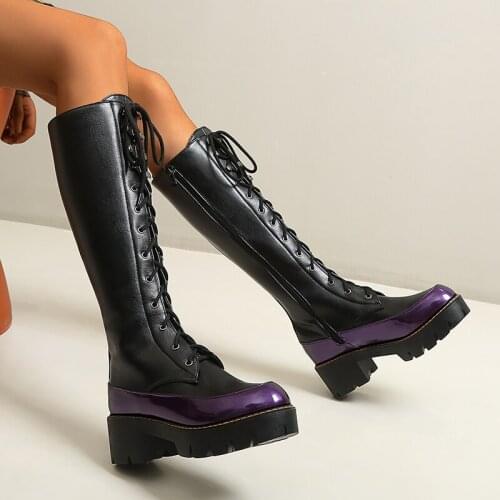 Chunky Platform Pu Leather Knee High Boots Women Retro Punk Height Increasing Long Boots Woman Lace Up Booties Mujer 2020