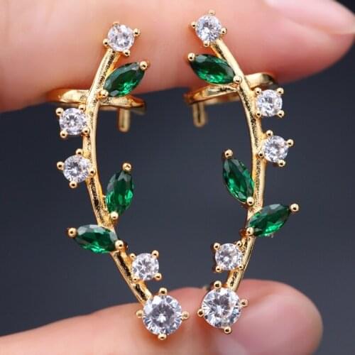 Multi Color Zirconia Flower Leaf shape Clip Cuff Ear Earrings for women Gold Color green Crystal Glass Stud Earring boho Jewelry