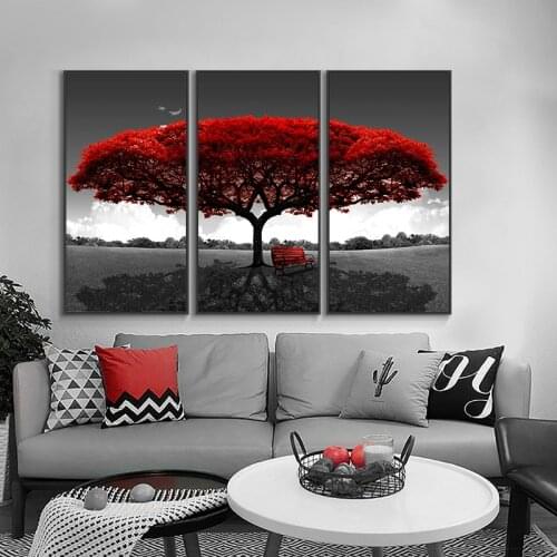 Modern Landscape Picture Red Tree Print On Canvas Scandinavian Painting 3 Pieces Home Decor Decoration Frameless
