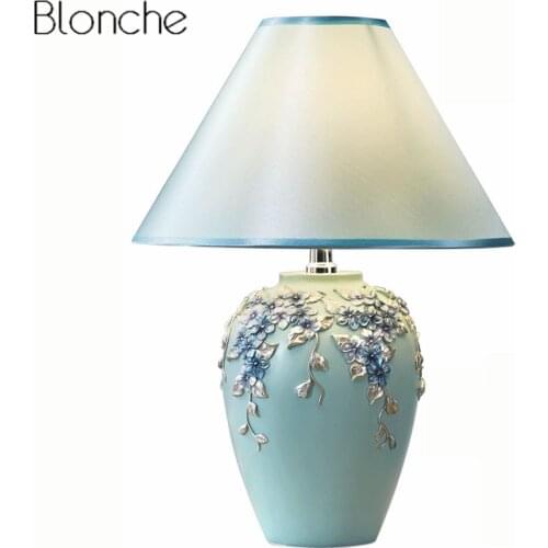 Modern Fabric Lampshade Flower Table Lamp Bedroom Bedside Lamp Resin Base Led Desk Light Fixtures Study Wedding Decor Luminaire