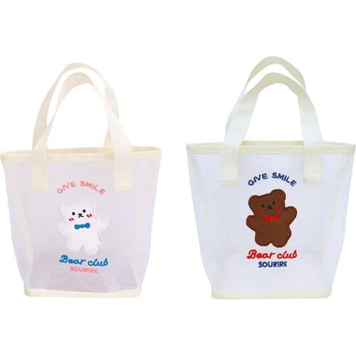 Handbag Mesh Beach Bag Bow Tie Bear Embroidery Travel Shopping Makeup Storage Tote Girls Cute Bear Shopping Fashion Bags