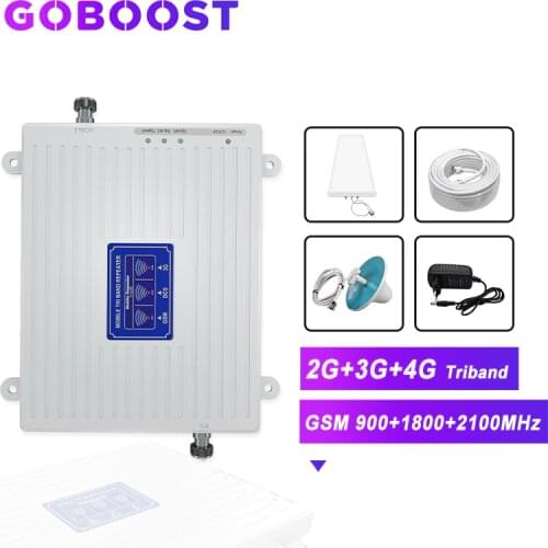 GOBOOST 2G 3G 4G Tri Band Signal Repeater Cellular Signal Booster GSM 900 1800 2100 Mobile Phone Signal Amplifier 4G Antenna Kit