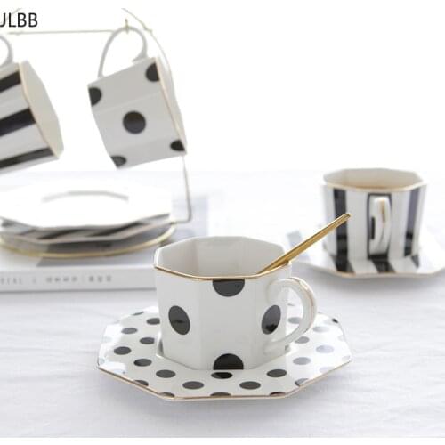 British style 9inch Octagonal Ceramic Plate Black White Dot Stripe Tableware Coffee Plates Dishes Afternoon Tea Set Home Kitchen