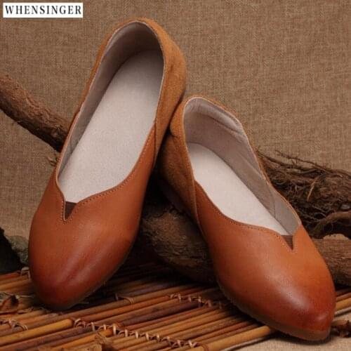 Whensinger - Europe America Comfortable Driving shoes Women Flat Shoes loafers Genuine Leather Casual Pointed Flats Shoe