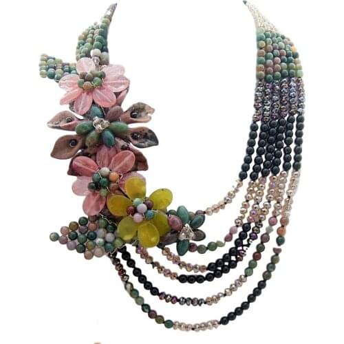 Y·YING Freshwater Black Pearl Agates Onyx Crystal Flower statement Necklace 22"