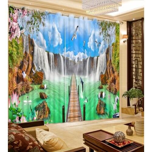 3D Curtain Custom Any Size Wooden Bridge Green Water Waterfall Curtains For Bedroom Curtain Living Room Bathroom Curtain