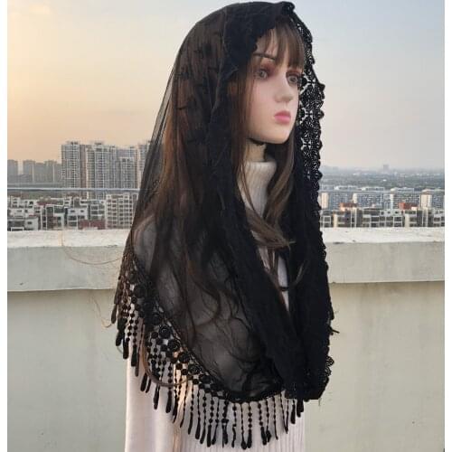 2021 Ivory Black Catholic Veil Jerusalem Muslim Elegant Ladies Lace Shawl Scarf Mantillas Church Catholic Bridal Wedding Cape