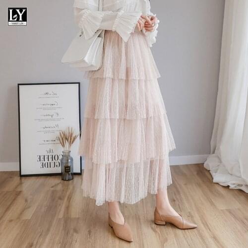 LY VAREY LIN 2021 Women Spring Summer Princess High Waist Ruffled Tiered Tulle Pleated Skirt Sweet Cake Layered Long Mesh Skirt