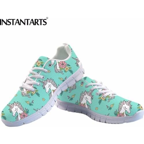 INSTANTART Cute Horse Sneakers Women Flats Casual Lace Up Air Mesh Breathable Shoes Comfort Rainbow Horse Flat Shoes Blue Pink