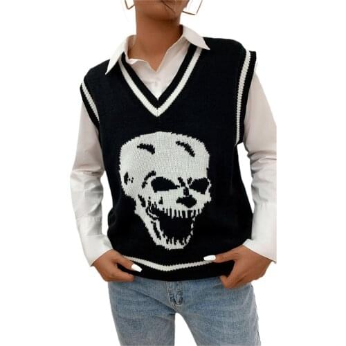 Halloween Womens Autumn Polyester Knitted Sweater Vest Casual Sleeveless V-Neck Skull Print Loose Tank Tops