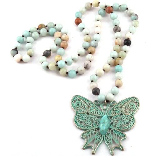 Fashion Bohemian Jewelry Amazonite Stone Beads Long Knotted Butterfly Pendant Necklace For Women Ethnic Necklace