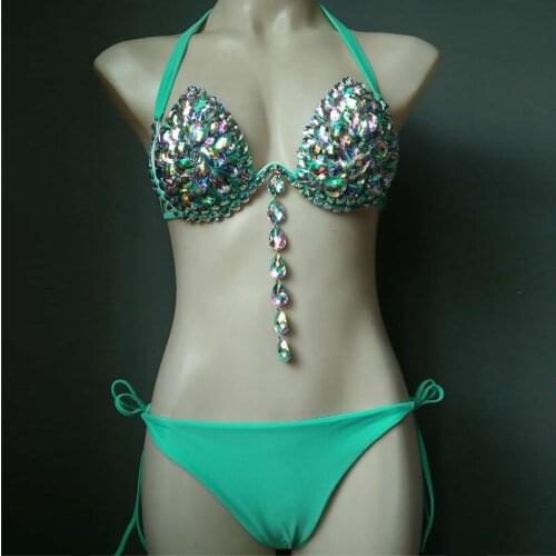 New Style Fashin Gold Silver Pink Green Sexy Bikini High Quality Shining Beading Halter Two 2 Piece Bodycon Beach Bodysuits