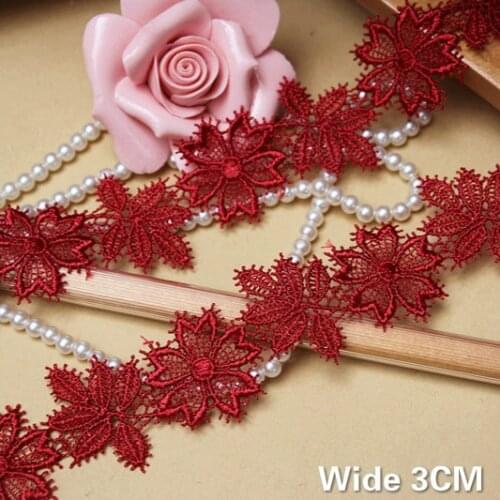 3CM Wide Wine Red Water Soluble Embroidered Ribbon 3d Flowers Lace Fabirc Trim Garment Clothing Home Sewing Decorative Material
