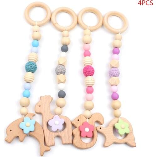 4Pcs/Set Baby Gym Frame Rack Pendants Yarn Beads Wooden Animal Hanging Teether