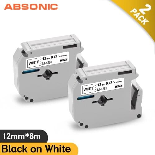 Absonic 2PCS for Brother MK231 M-K231 12mm Label Tapes MK-231 MK Tape Black on White for Brother PT100 PT110 PTM95 Label Maker