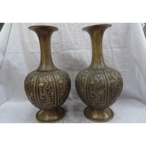 Fast shipping USPS to USA S1223 12" Chinese Pure Bronze FengShui Myth Fly Dragon Statue Flower Pot Vase Pair