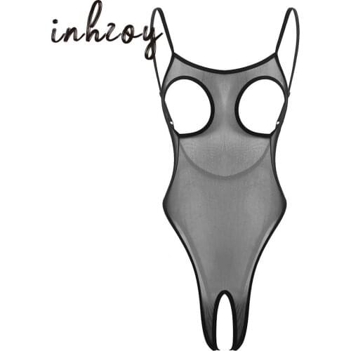 Women See Through Lingerie Open Cups Breast Hollow Out Backless Crotchless High Cut Sheer Mesh Thong Leotard Bodysuit Nightwear