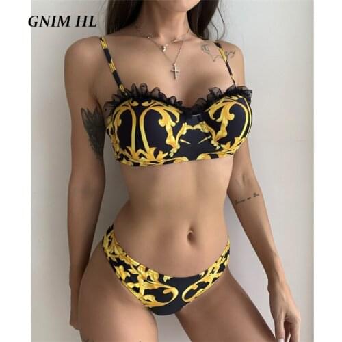 GNIM Ruffle Lace Swimwear Women Push Up Bikini Mujer 2021 Sexy Paisley Print Brazilian Swimsuit Female 2 Pieces Bandage Biquini