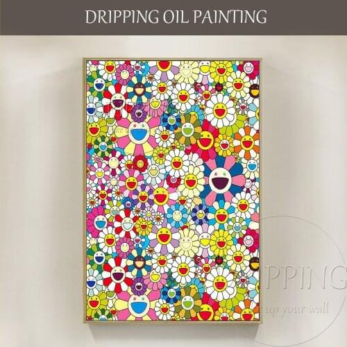 Skilled Artist Pure Handmade Modern Flowers Oil Painting on Canvas Lots of Smile Flower Oil Painting for Child Room Decoration