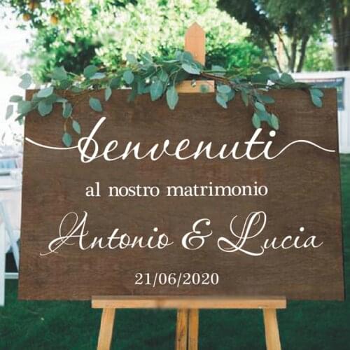 Italian Version Wedding Sign Stickers Custom Bride Groom Names Vinyl Mural Wedding Welcome Mirror Decals Décor Removable O309