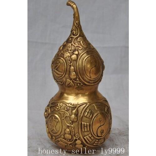 Chinese Folk Bronze brass Carved FengShui Gourd Cucurbit lucky decoration Statue metal handicraft