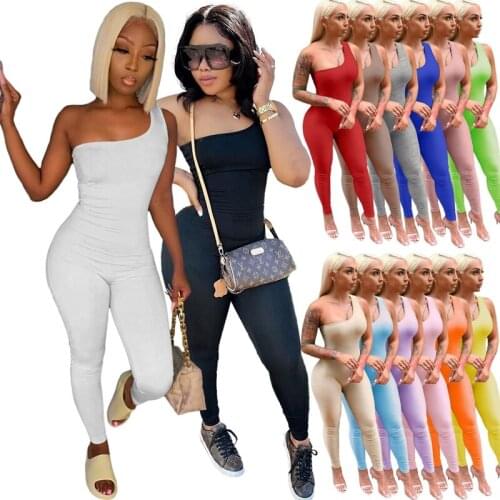 One Shoulder Jumpsuit Summer Women Solid Color Sleeveless Outfit Romper Slim Fitness Activewear Sport Jumpsuit Overalls