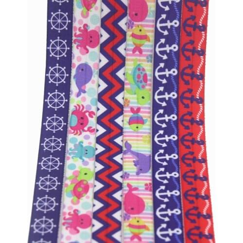 DHK 5/8'' 5yards navy anchor fish sea printed Fold Elastic FOE stretch ribbon hairbow headwear headband DIY OEM C1849