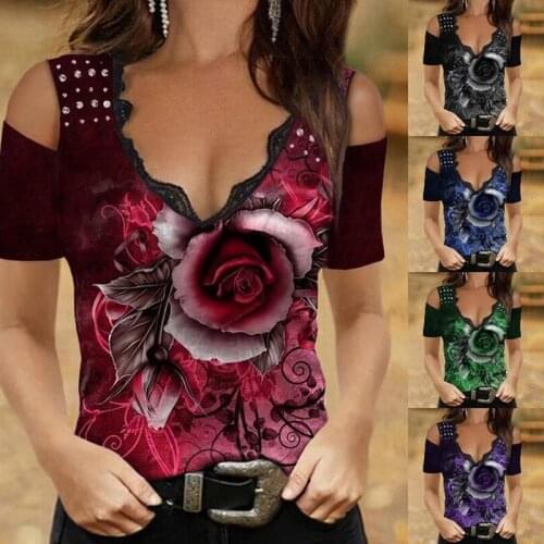 Summer New Sexy V-neck Lace Print Short-sleeved Vest Ladies Fashion Strapless T-shirt Top Plus Size Clothing 2021 New