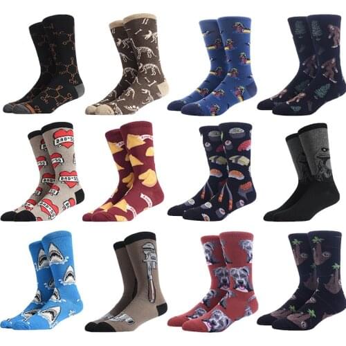 Men Big Size Happy Funny Socks Cotton Wedding Dinosaur Hamburg Pizza Beer Fish Crew Socks Man Unisex Chaussette Homme Divertido