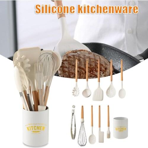 Hot Kitchen Cooking Utensils Set for Cooking Baking Non-Stick Silicone Spatula Set with Holder and Wooden Handle Kitchen Use