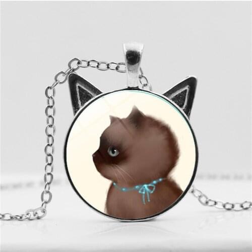 2019 Fashion Glass Cabochon Jewelry New Cat Expression Necklace Cute Classic Cat Ears Pendant Necklace for Women Girl Gifts