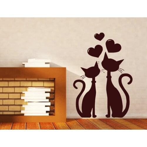Couple Cats Vinyl Wall Decals Romantic Home Wallpaper Murals Cat Lovers With Hearts Wall Art Sticker Bedroom Decoration