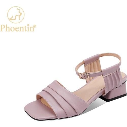 Phoentin Mid Heels Elegant Pleated Sandals 2021 Summer Womens Open Toe Sandals ladies Plus Size 43 purple leather shoes FT1572