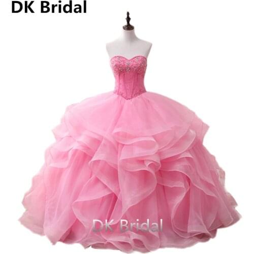 Pink Puffy Quinceanera Dresses 2019 Beadings Crystal Tulle Dresses 15 Year Old Debutante Sweetheart Neck Vestidos De 15 Anos