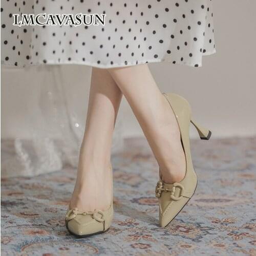 LMCAVASUN Stiletto pointed toe French vintage patent leather horsebit single shoes professional work shoes