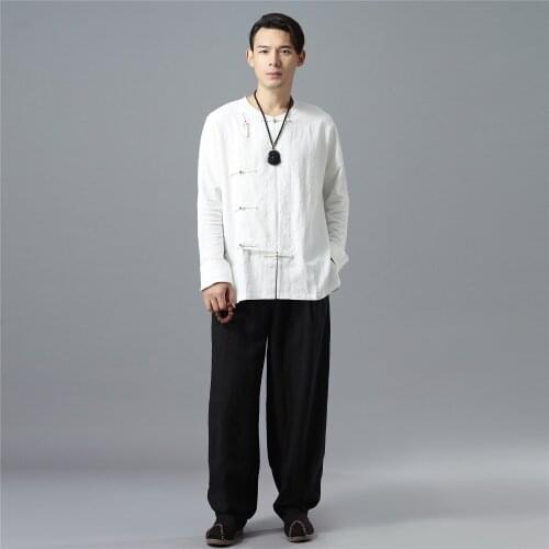Spring Men Tai Chi Shirt Sweatshirt Linen Loose Long Sleeve Sport Shirt Yoga Jogger Casual Kungfu Martial Arts Shirt Sportswear