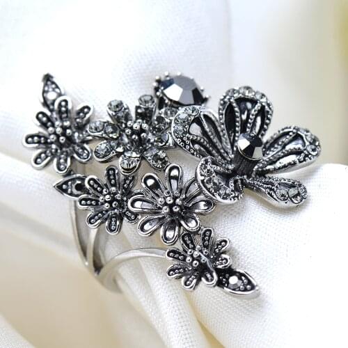 Vintage Punk Ring Unique Carved Antique Silver Flower Lucky Rings for Women Boho Beach European Jewelry Ring Wedding Party Ring
