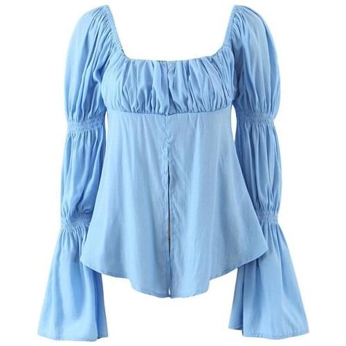 Vintage Chiffon Women Shirts Summer 2021 Solid Square Collar Flare Sleeved Slim Elegant Office Lady Outwear Tops