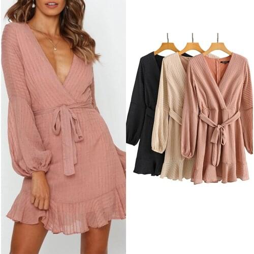 Za Fashion Women Dress Chiffon V Neck Sashes Elegant Mini Dress Long Sleeve Sexy Party Dresses Female Elegant A-Line Vestidos