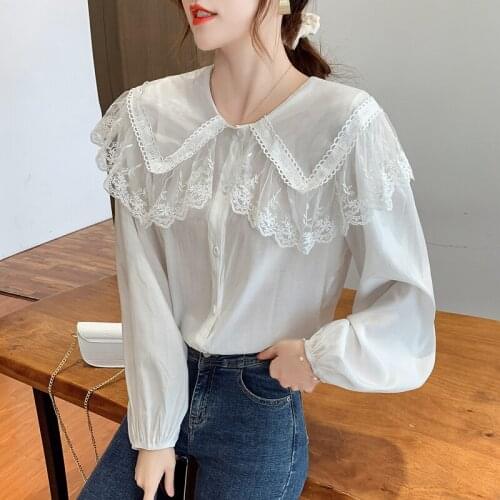 Womens Shirt 2021 New Korean Fashion Design Autumn All-match Sweet Lapel Stitching Lace Top Long Sleeve Blouse